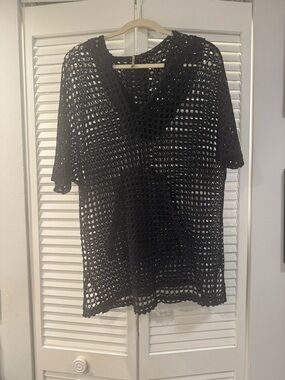 Black Crocheted Open-Knit Tunic Top